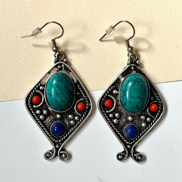 nwot! • boho statement dangling engraved earrings red turquoise blue stones - Picture 2 of 9